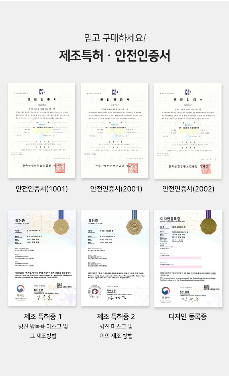 믿고 구매하세요<br/>제조특허 안전인증서<br/>안전인증서 1001<br/>안전인증서 2001<br/>안전인증서2002<br/>제조 특허증1 방진, 방독용 마스크 및 그 제조방법<br/>제조 특허증2 방진 마스크 및 이의 제조 방법<br/>디자인 등록증<br/>인증서 사진