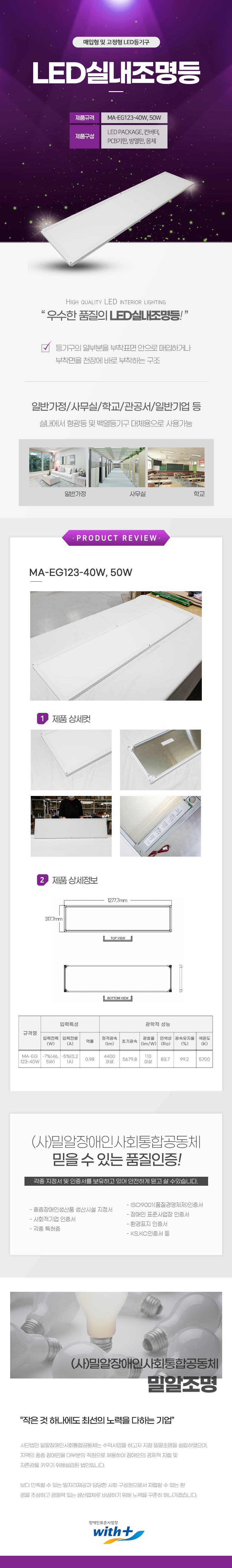 매입형 및 고정형 LED등기구
LED실내조명등

제품규격: MA-EG123-40W, 50W
제품구성: LED PACKAGE,컨버터,PCB기판,방열판,몸체

HIGH QUALITY LED INTERIOR LIGHTING 우수한 품질의 LED실내조명등!
등기구의 일부분을 부착표면 안으로 매입하거나 부착면을 천장에 바로 부착하는 구조
일반가정/사무실/학교/관공서/일반기업 등
실내에서 형광등 및 백열등기구 대체용으로 사용가능

PRODUCT REVIEW
MA-EG123-40W, 50W

1 제품상세컷
2 제품상세정보
가로:1277.7mm,세로: 317.7mm

규격명:MA-EG123-40W
입력특성
입력전력(W):-7%(46. 5W), 입력전류(A):-5%(0.2 1A), 역률:0.98
광학적 성능
정격광속(Im):4400 이상,
초기광속:5679.8,
광효율 (Im/W):110 이상,
연색성 (Ra):83.7,
광속유지율 (%):99.2,
색온도 (K):5700

(사)밀알장애인사회통합공동체 
믿을 수 있는 품질인증!
각종 지정서 및 인증서를 보유하고 있어 안전하게 믿고 살 수있습니다.
- ISO9001(품질경영체제)인증서
- 중증장애인생산품 생산시설 지정서
- 장애인 표준사업장 인증서
- 사회적기업 인증서
- 각종 특허증
- 환경표지 인증서
- KS,KC인증서 등

(사)밀알장애인사회통합공동체 밀알조명
작은 것 하나에도 최선의 노력을 다하는 기업
사단법인 밀알장애인사회통합공동체는 수익사업을 하고자 지점 밀알조명을 설립하였으며,
지역의 중증장애인을 대부분의 직원으로 채용하여 장애인의 경제적 자립 및
자존감을 키우기 위해설립된 법인입니다.
보다 만족할 수 있는 일자리제공과 당당한 사회 구성원으로서 자립할 수 있는 환
경을 조성하고 경쟁력 있는 생산업체로 비상하기 위해 노력을 꾸준히 해나가겠습니다.

장애인표준사업장 with+