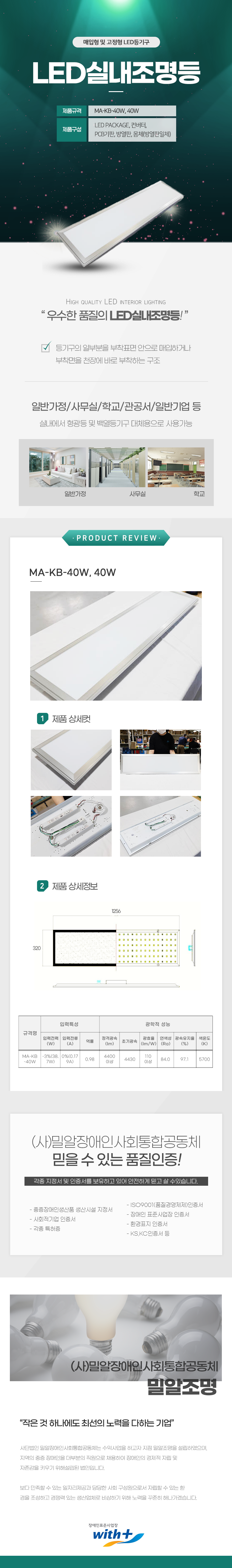 매입형 및 고정형 LED등기구
LED실내조명등

제품규격: MA-KB-40W, 40W
제품구성: LED Package, 컨버터,  PCB기판, 방열판, 몸체(방열판일체)

HIGH QUALITY LED INTERIOR LIGHTING
우수한 품질의 LED실내조명등!

등기구의 일부분을 부착표면 안으로 매입하거나
부착면을 천장에 바로 부착하는 구조

일반가정/사무실/학교/관공서/일반기업 등
실내에서 형광등 및 백열등기구 대체용으로 사용가능


PRODUCT REVIEW
MA-KB-40W, 40W

1 제품상세컷
2 제품상세정보
가로:1256mm,세로: 320mm

규격명:MA-KB-40W
입력특성
입력전력(W):-3%(38. 7W), 입력전류(A):0%(0.17 9A), 역률:0.98
광학적 성능
정격광속(Im):4400 이상,
초기광속:4430,
광효율 (Im/W):110 이상,
연색성 (Ra):84.0,
광속유지율 (%):97.1,
색온도 (K):5700

(사)밀알장애인사회통합공동체 
믿을 수 있는 품질인증!
각종 지정서 및 인증서를 보유하고 있어 안전하게 믿고 살 수있습니다.
- ISO9001(품질경영체제)인증서
- 중증장애인생산품 생산시설 지정서
- 장애인 표준사업장 인증서
- 사회적기업 인증서
- 각종 특허증
- 환경표지 인증서
- KS,KC인증서 등

(사)밀알장애인사회통합공동체 밀알조명
작은 것 하나에도 최선의 노력을 다하는 기업
사단법인 밀알장애인사회통합공동체는 수익사업을 하고자 지점 밀알조명을 설립하였으며,
지역의 중증장애인을 대부분의 직원으로 채용하여 장애인의 경제적 자립 및
자존감을 키우기 위해설립된 법인입니다.
보다 만족할 수 있는 일자리제공과 당당한 사회 구성원으로서 자립할 수 있는 환
경을 조성하고 경쟁력 있는 생산업체로 비상하기 위해 노력을 꾸준히 해나가겠습니다.

장애인표준사업장 with+