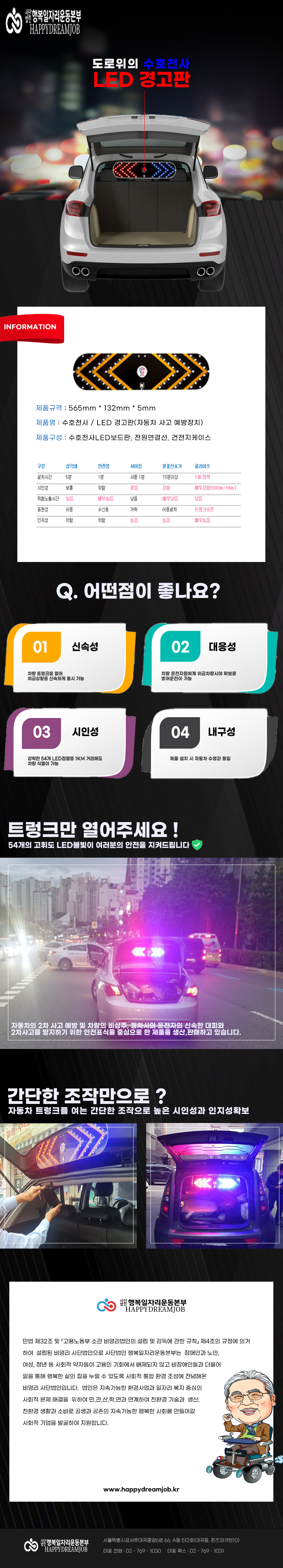 사단법인 행복일자리운동본부 HAPPYDREAMJOB
도로위의 수호천사 LED 경고판 

INFORMATION
제품규격: 565mm*132mm*5mm
제품명: 수호천사 / LED 경고판(자동차 사고 예방장치)
제품구성: 수호천사LED보드판, 전원연결선, 건전지케이스

삼각대
설치시간:5분
시인성:보통
위험노출시간:높음
표현성:수신호
인지성:약함

안전봉
설치시간:1분
시인성:약함
위험노출시간:매우높음
표현성:수신호
인지성:약함

사이킹
설치시간:사용1분
시인성:좋음
위험노출시간:낮음
표현성:거취
인지성:높음

불꽃신호기
설치시간:15분이상
시인성:강함
위험노출시간:매우낮음
표현성:이동설치
인지성:높음

콜라이프
설치시간:1회 장착
시인성:매우강함(300m~1Km)
위험노출시간:낮음
표현성:트렁크오픈
인지성:매우높음

Q. 어떤점이 좋나요?
01 신속성
차량 트렁크를 열어 위급상황을 신속하게 표시 가능
02 대응성
차량 운전자들에게 위급차량시야 확보로 방어운전이 가능
03 시인성
강력한 54개 LED 점멸등 1KM 거리에도 차량 식별이 가능
04 내구성
제품 설치 시 자동차 수명과 동일

트렁크만 열어주세요!
54개의 고휘도 LED불빛이 여러분의 안전을 지켜드립니다
자동차의 2차 사고 예방 및 차량의 비상주, 정차시의 운전자의 신속한 대피와 2차사고를 방지하기 위한 안전표식을 중심으로 한 제품을 생산,판매하고 있습니다.

간단한 조작만으로?
자동차 트렁크를 여는 간단한 조작으로 높은 시인성과 인지성확보

사단법인 행복일자리운동본부
HAPPYDREAMJOB
민법 제32조 및 고용노동부 소관 비영리법인의 설립 및 감독에 관한 규칙」 제4조의 규정에 의거 하여 설립된 비영리 사단법인으로 사단법인 행복일자리운동본부는 장애인과 노인, 여성, 청년 등 사회적 약자들이 고용의 기회에서 배제되지 않고 비장애인들과 더불어 일을 통해 행복한 삶의 질을 누릴 수 있도록 사회적 통합 환경 조성에 전념해온 비영리 사단법인입니다. 법인은 지속가능한 환경사업과 일자리 복지 중심의 사회적 문제 해결을 위하여 민,관,산,학,연과 연계하여 친환경 기술과 생산, 친환경 생활과 소비로 공생과 공존의 지속가능한 행복한 사회를 만들어갈 사회적 기업을 발굴하여 지원합니다.
www.happydreamjob.kr

서울특별시강서루마곡중앙6로 66, A동 512호(마곡동, 퀸즈파크텐10)
대표전화: 02-769-1030
대표팩스: 02-769-1031
