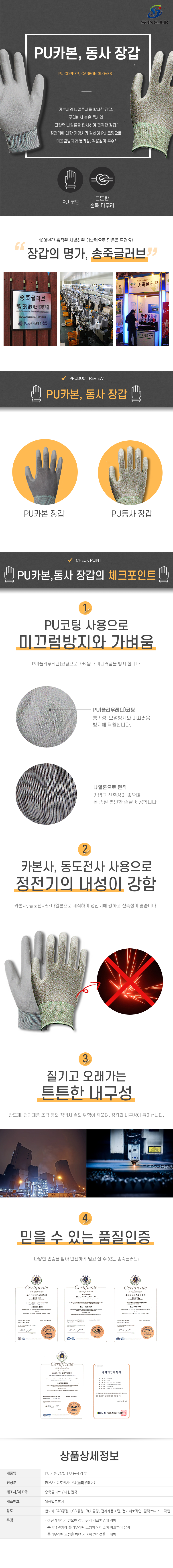 PU카본, 동사 장갑
PU COPPER, CARBON GLOVES
카본사와 나일론사를 합사한 장갑!
구리에서 뽑은 동사와 고탄력 나일론을 합사하여 편직한 장갑!
정전기에 대한 저항치가 강하며 PU 코팅으로 미끄럼방지와 통기성, 착용감이 우수!
 PU 코팅/튼튼한 손목 마무리

40여년간 축적된 차별화된 기술력으로 믿음을 드려요!
장갑의 명가, 송죽글러브!

# PRODUCT REVIEW
PU카본, 동사 장갑
PU카본 장갑/PU동사 장갑

# CHECK POINT
PU카본,동사 장갑의 체크포인트
1.PU코팅 사용으로 미끄럼방지와 가벼움
PU(폴리우레탄)코팅으로 가벼움과 미끄러움을 방지 합니다.
-PU(폴리우레탄)코팅:통기성, 오염방지와 미끄러움 방지에 탁월합니다.
-나일론으로 편직:가볍고 신축성이 좋으며 온 종일 편안한 손을 제공합니다
2.카본사, 동도전사 사용으로 정전기의 내성이 강함
카본사, 동도전사와 나일론으로 제작하여 정전기에 강하고 신축성이 좋습니다.
3.질기고 오래가는 튼튼한 내구성
반도체, 전자제품 조립 등의 작업시 손의 위험이 적으며, 장갑의 내구성이 뛰어납니다.
4.믿을 수 있는 품질인증,
다양한 인증을 받아 안전하게 믿고 살 수 있는 송죽글러브!
환경경영시스템인증서,품질경영시스템인증서,벤처기업확인서

상품상세정보
제품명:PU 카본 장갑, PU 동사 장갑
전성분:카본사, 동도전사, PU(폴리우레탄)
제조사/제조국:송죽글러브 / 대한민국
제조번호:제품별도표시
용도:반도체 FAB공정, LCD공정, BLU공정, 전자제품조립, 전기회로작업, 컴펙트디스크 작업
특징
•정전기제어가 필요한 정밀 전자 제조환경에 적합
•손바닥 전체에 폴리우레탄 코팅이 되어있어 미끄럼이 방지
•폴리우레탄 코팅을 하여 가벼워 민첩성을 극대화