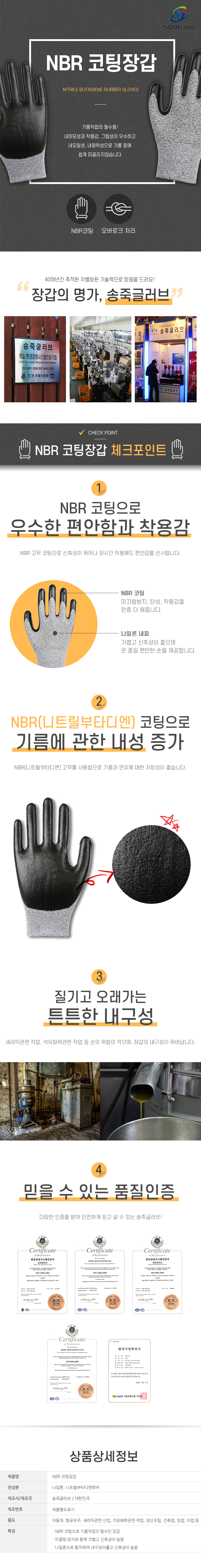 NBR 코팅장갑
NITRILE BUTADIENE RUBBER GLOVES
기름작업의 필수품!
내마모성과 착용감, 그립성이 우수하고 내오일성, 내화학성으로 기름 등에
쉽게 미끌리지않습니다
NBR코팅/오버로크 처리

40여년간 축적된 차별화된 기술력으로 믿음을 드려요!
장갑의 명가, 송죽글러브!

# CHECK POINT
NBR 코팅장갑 체크포인트
1.NBR 코팅으로 우수한 편안함과 착용감
NBR 고무 코팅으로 신축성이 뛰어나 장시간 착용에도 편안감을 선사합니다.
-NBR 코팅:미끄럼방지, 탄성, 착용감을 한층 더 해줍니다.
-나일론 내피:가볍고 신축성이 좋으며 온 종일 편안한 손을 제공합니다.
2.NBR(니트릴부타디엔) 코팅으로 기름에 관한 내성 증가
NBR(니트릴부타디엔) 고무를 사용함으로 기름과 연유에 대한 저항성이 좋습니다.
3.질기고 오래가는 튼튼한 내구성
세라믹관련 작업, 석유화학관련 작업 등 손의 위험이 적으며, 장갑의 내구성이 뛰어납니다.
4.믿을 수 있는 품질인증
다양한 인증을 받아 안전하게 믿고 살 수 있는 송죽글러브!
환경경영시스템인증서,품질경영시스템인증서,벤처기업확인서

# 상품상세정보
제품명:NBR 코팅장갑
전성분:나일론, 니트릴부타디엔루버
제조사/제조국:송죽글러브/대한민국
제조번호:제품별도표시
용도:자동차, 항공우주, 세라믹관련 산업, 석유화학관련 작업, 생산조립, 건축업, 임업, 어업 등
특징:
・NBR 코팅으로 기름작업의 필수인 장갑
・미끌림 방지와 함께 가볍고 신축성이 높음
・나일론으로 합직하여 내구성이좋고 신축성이 높음